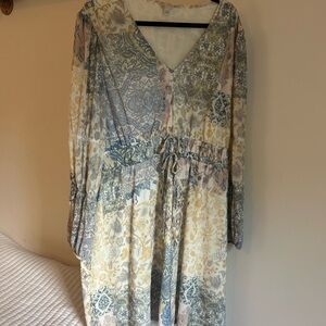 Cato Long Sleeve Patchwork Dress - Cream, Blue, Yellow